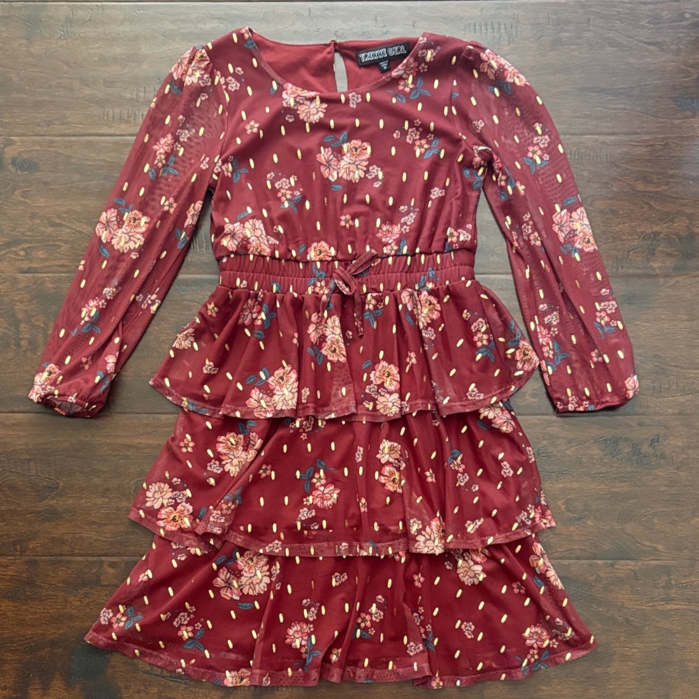 TRIXXI Girl Burgundy Floral Tiered Dress